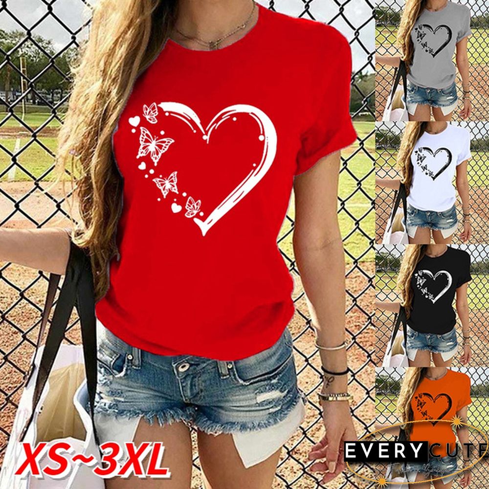 New Ladies Heart-shaped Print Short-sleeved T-shirt Fashion Round Neck T-shirt Womenu3002