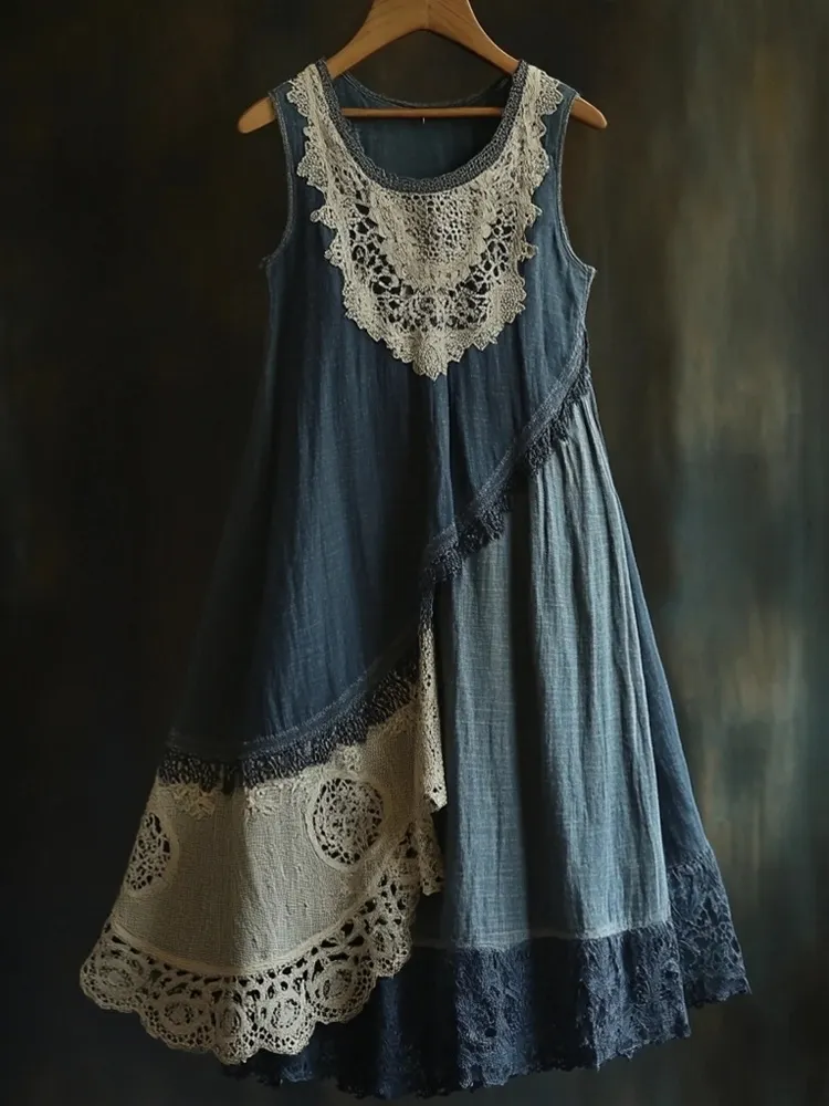 Vintage Lace Patchwork Comfy Linen Tank Dress