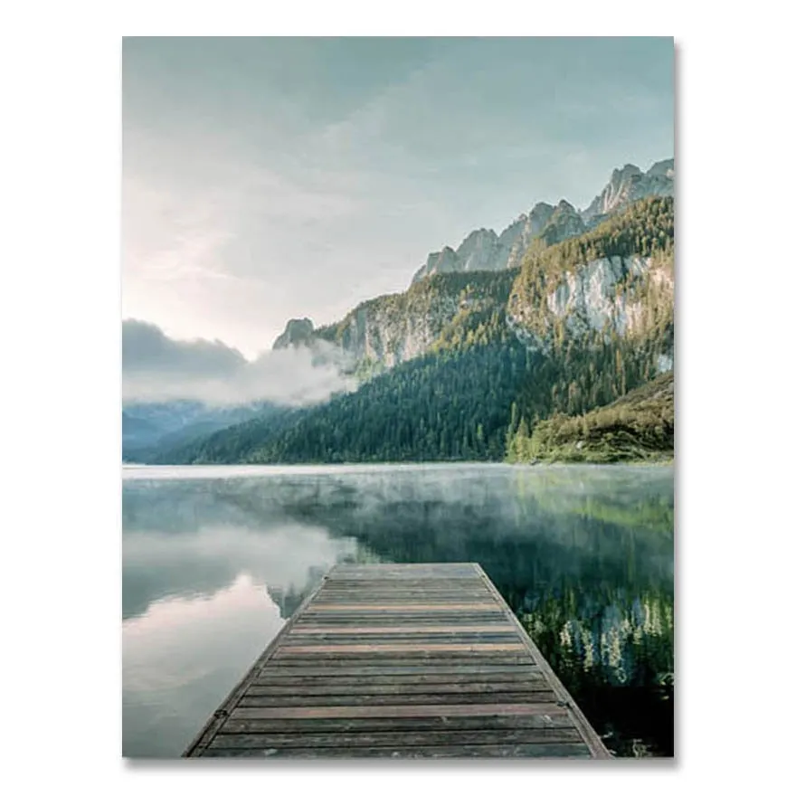Scandinavian Nature Landscape Wall Art Poster Mountain Lake Boat Print Nordic Painting Decorative Picture Modern Home Decorati