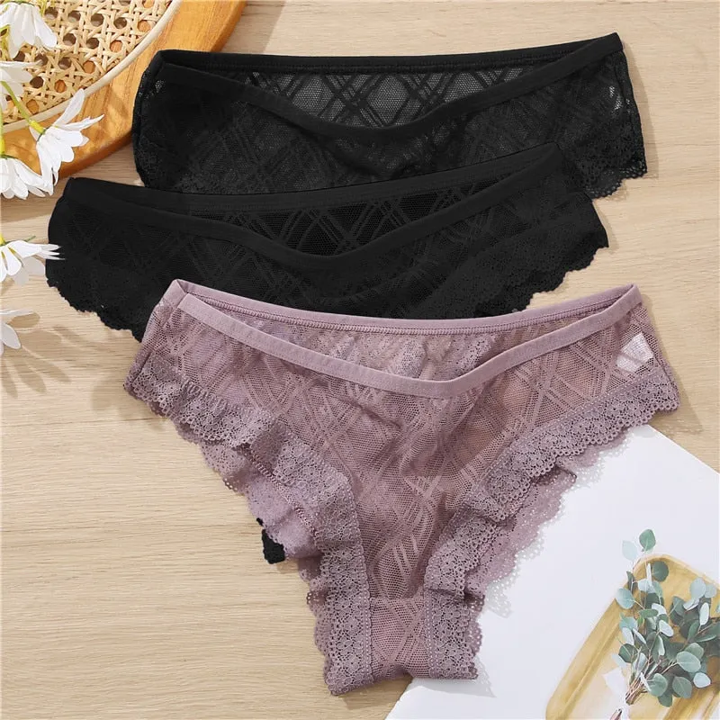 FINETOO M-2XL Sexy Lace Panties Women 3Pcs/set Low Waist Lattice Underwear Ladies Transparent Panty Female Underpants Lingerie