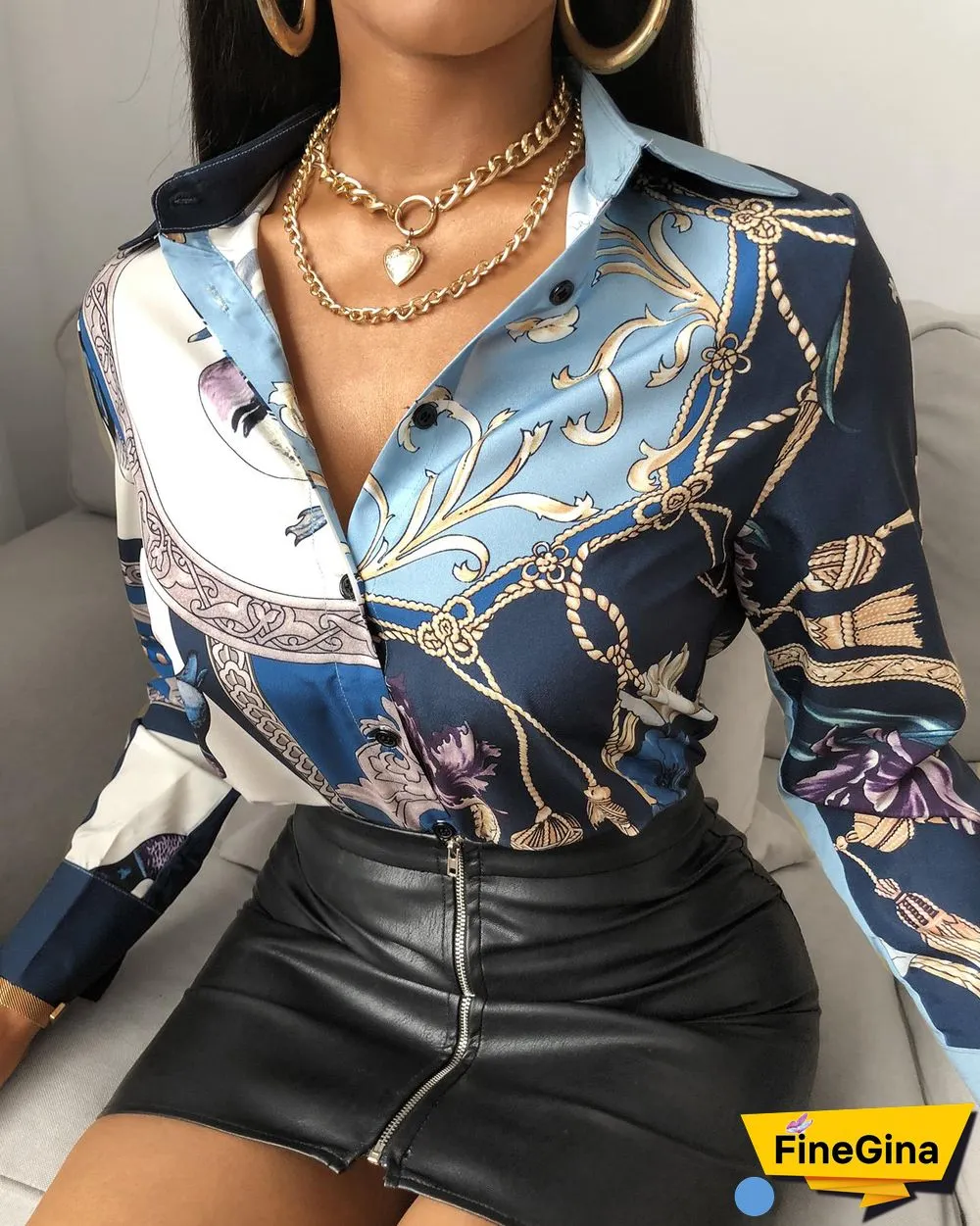 Bird Scarf Print Long Sleeve Shirt