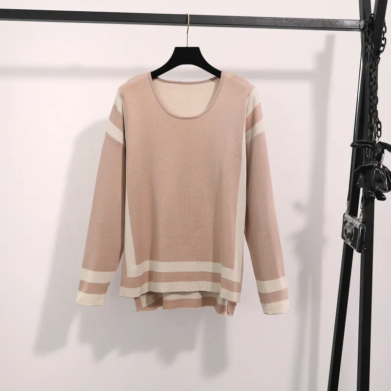 Uveng Uveng Fashion Simple Splicing Loose Long-Sleeved Top High Waist Thin Leg Pants Knitted Two-Set