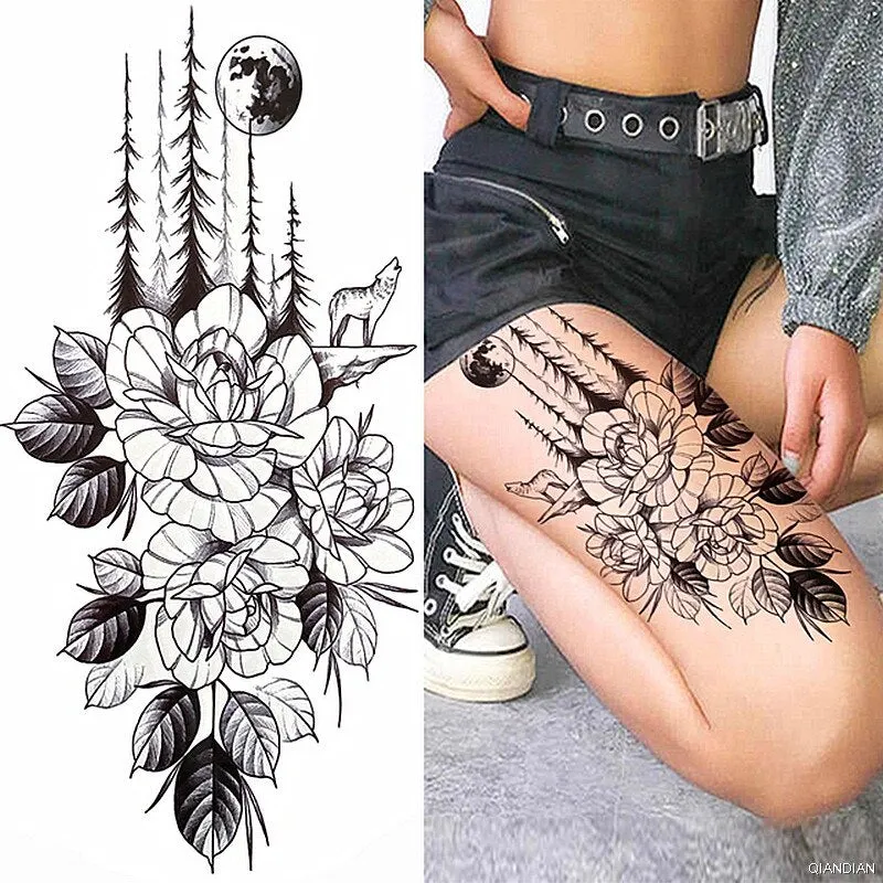 Black Sexy Flower Temporary Tattoos Sticker Arm Sleeve Rose Tree Skull Lion Bear Snake Henna Body Decorate Fake 3D Women Totem