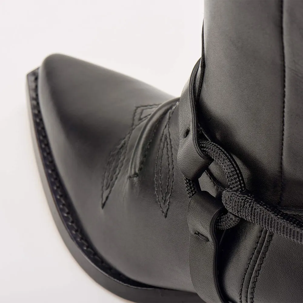 Black Faux Leather Pointed Toe Chunky Heel Stitching Knee High Boots