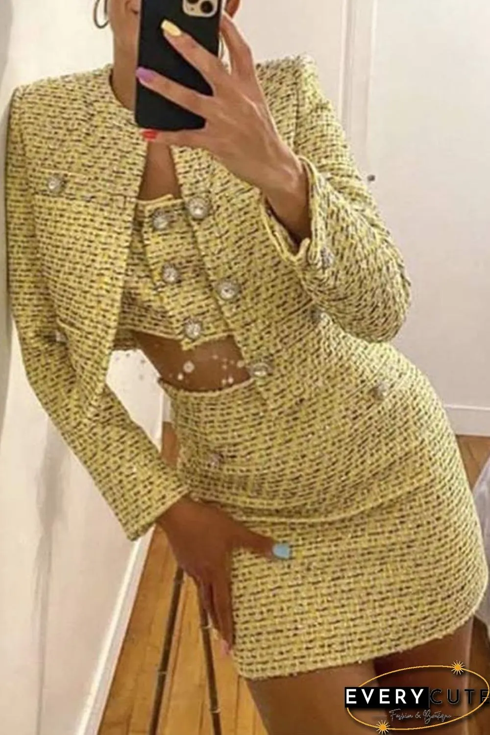Confident Womens Tweed Blazer And Skirt Suits Plaid
