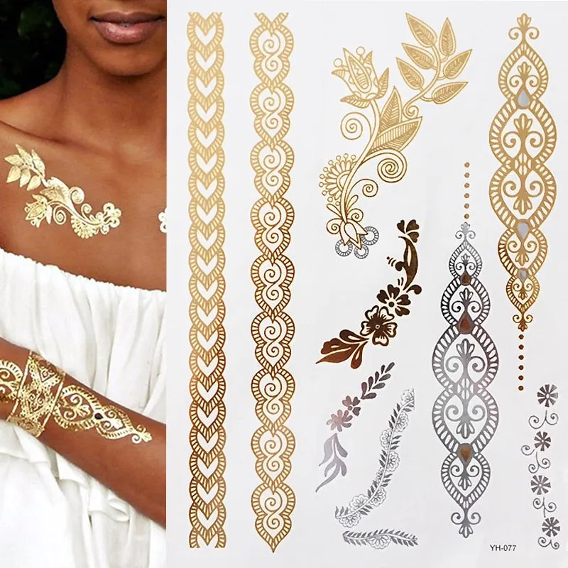 Temporary Tattoos Gold Silver Metallic Tattoo Arm Body Tattoo Cool Bracelet Style Girl DIY Golden Flash Tattoos