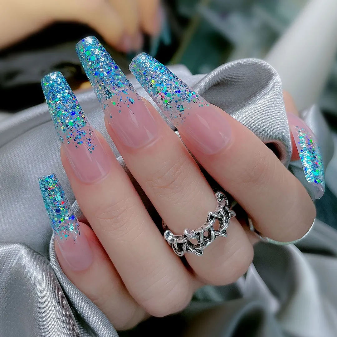 24pcs Extra Long Matte Fake Nails Ballerina Coffin Dark Blue Colorful Rhinestone Decals False Nails with designs Nail Art-Nail Inspo