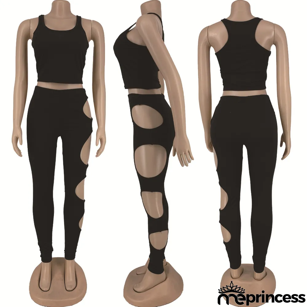 Solid Tank Top Hole Pants Two Piece Sets