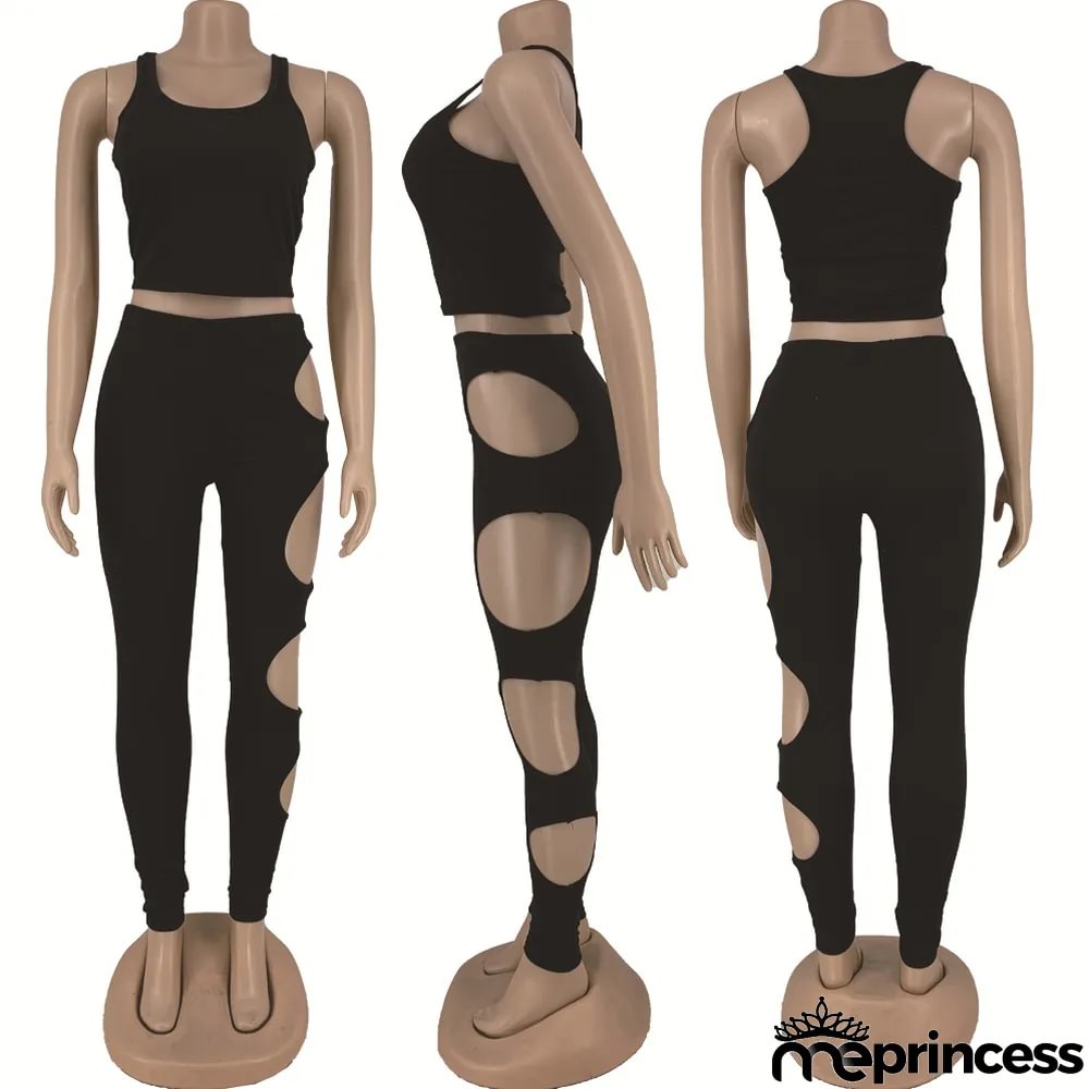 Solid Tank Top Hole Pants Two Piece Sets
