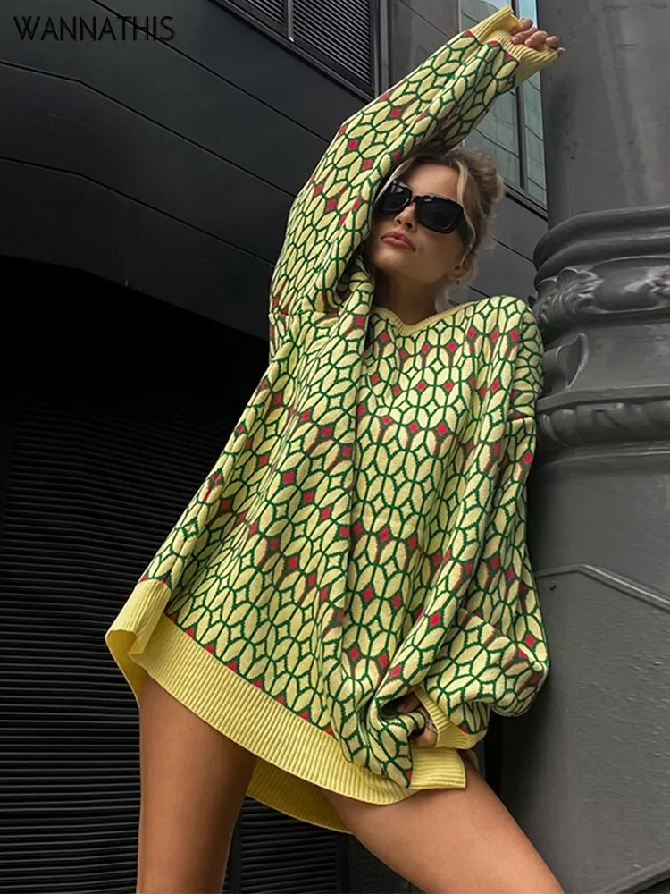 WannaThis Knitted Sweater Patchwork Print Pullover Women Autumn Basic Oversized Long Sleeve Casual Vintage Streetwear Tops 2021