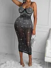 Spaghetti-Neck Beaded Decorate Bckless See-Through Sexy Slim Midi Dress