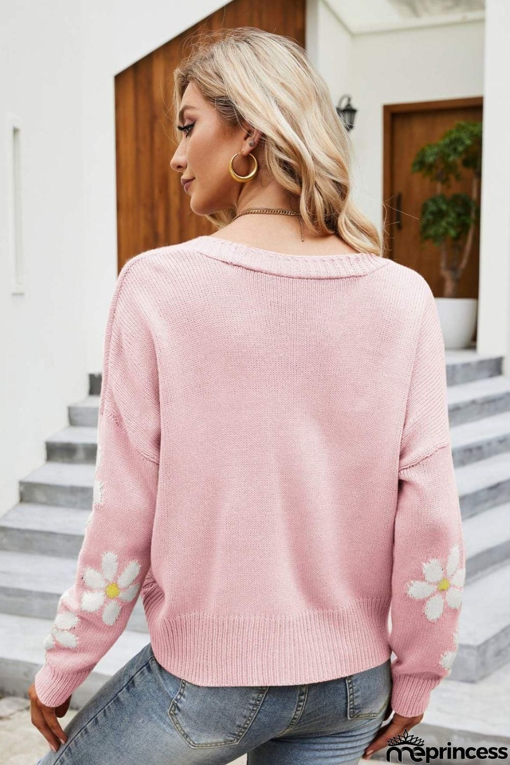 Floral Ribbed Trim Drop Shoulder Cardigan