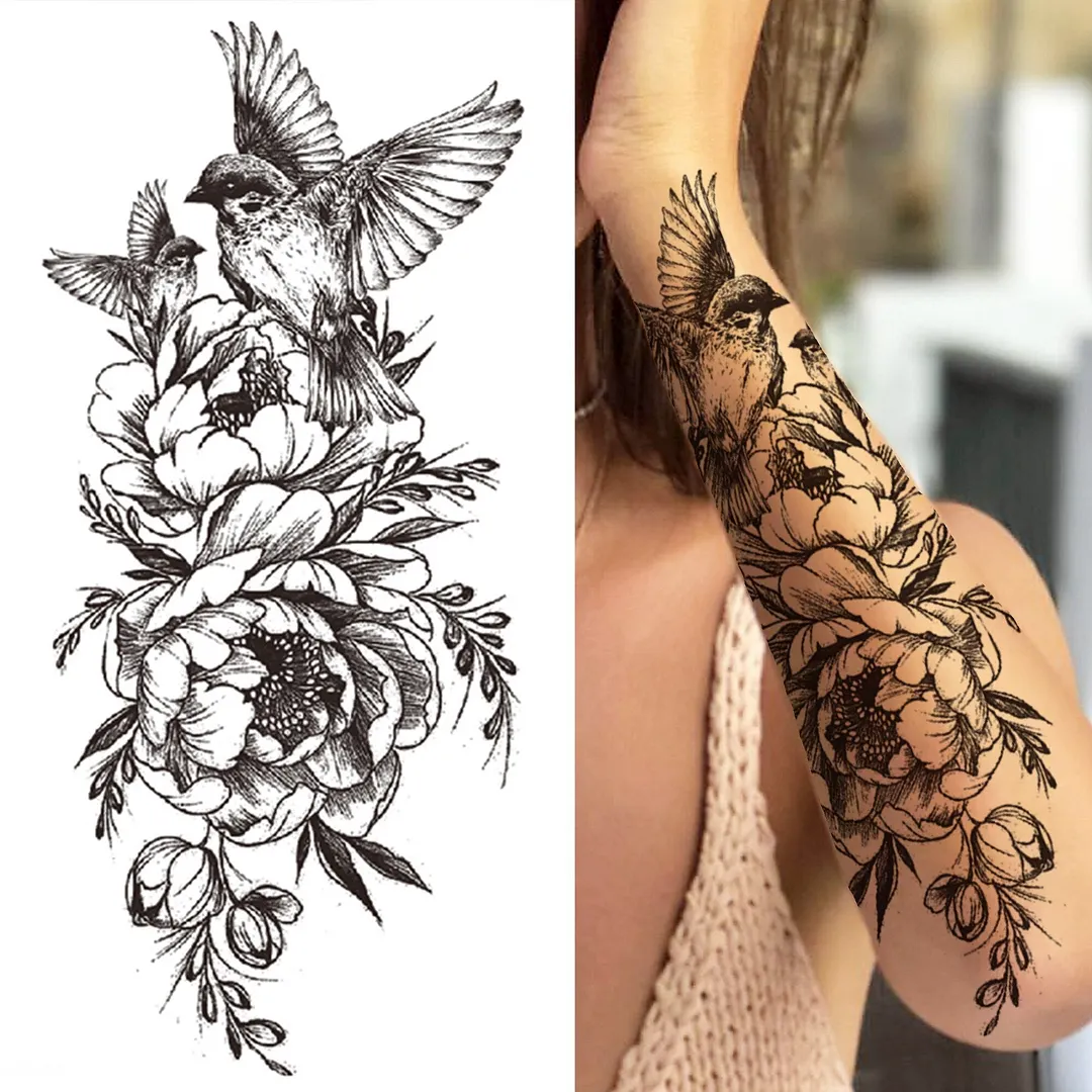 Realistic Fake Peony Temporary Tattoos For Women Girl Black Rose Elephant Flower Tattoo Sticker Tiger Anemone Tatoos Half Sleeve 1108-1