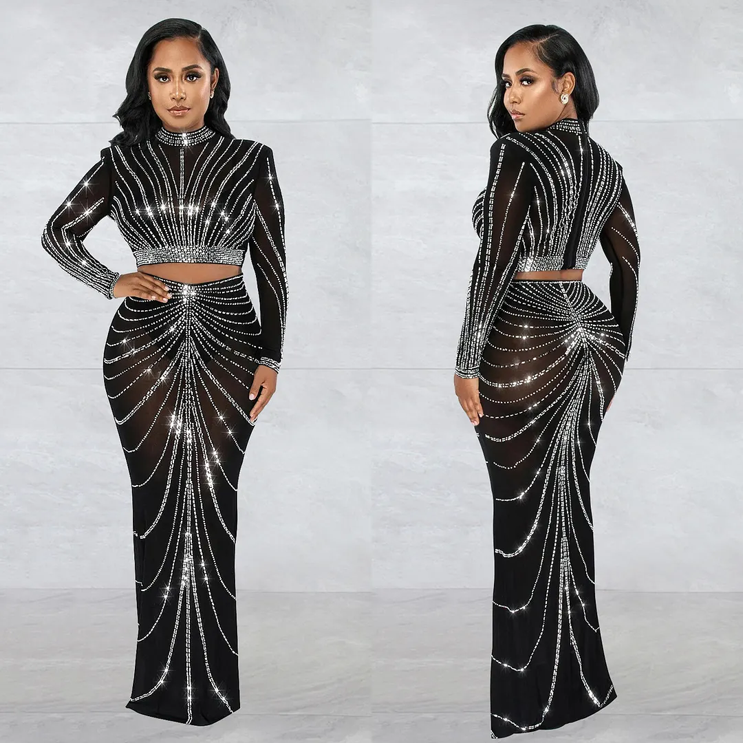 Churchf Churchf Fashion Women's Mesh Hot Drill Perspective Long-Sleeve Dress Two-Piece Set