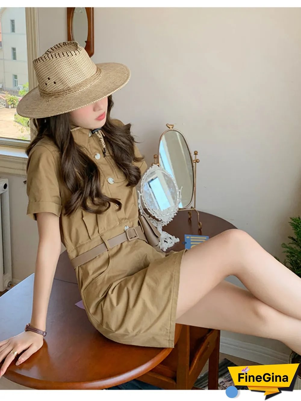 Safari Style Slim Fit Dress Women Summer Vintage Khaki Dresses With Waist Bag Female Button Cowboy Vestidos Mujer