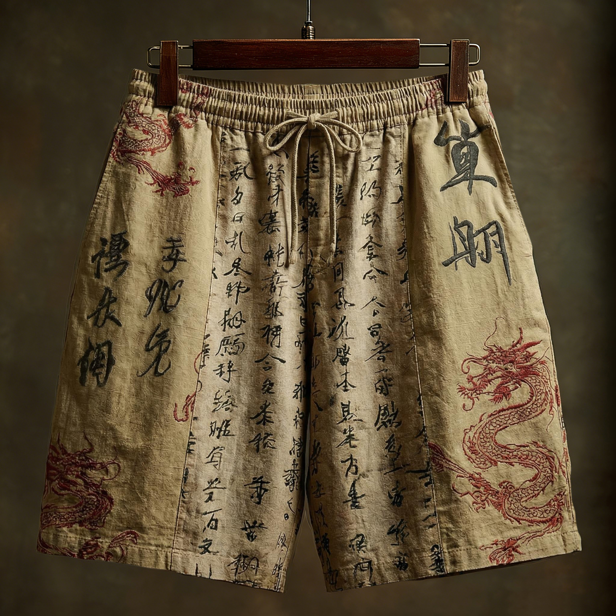Men's Japanese Calligraphy And Dragon Art Linen Shorts  artssus