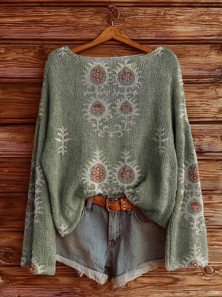 Women's Retro Totem Art Pattern Print Casual Pullover Sweater