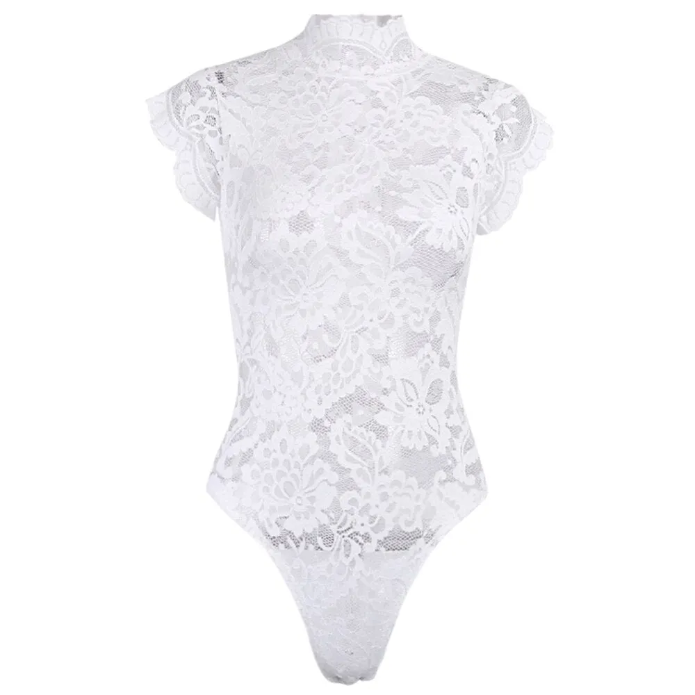 Women's Sexy Sissy Lace Lingerie Turtleneck Bodysuits Black White Nightwear Underwear Back Bandage Erotic Apparel Clothes