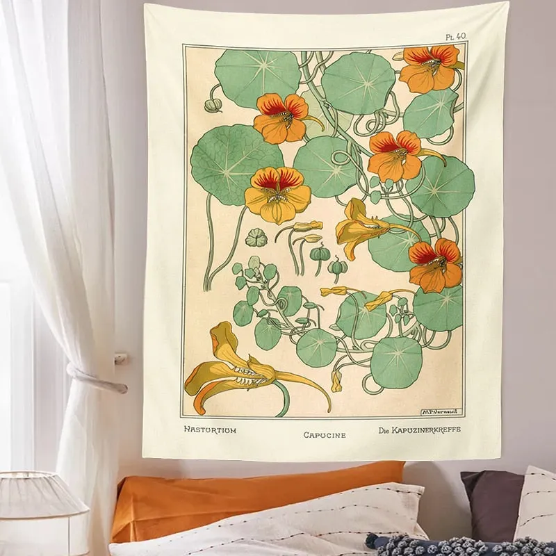 Vintage Botanical Tapestry Wildflower Wall Hanging Nasturtium Thistle Retro flowers Bohemian Tapestries Psychedelic Home Decor