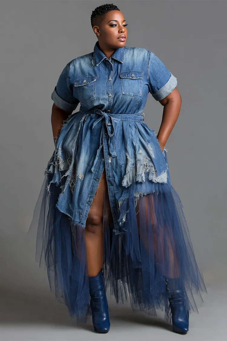 Xpluswear Design Plus Size Party Tulle Blue Shirt Collar Short Sleeve Ripped Pocket Denim Midi Dresses 2024 - Xpluswear