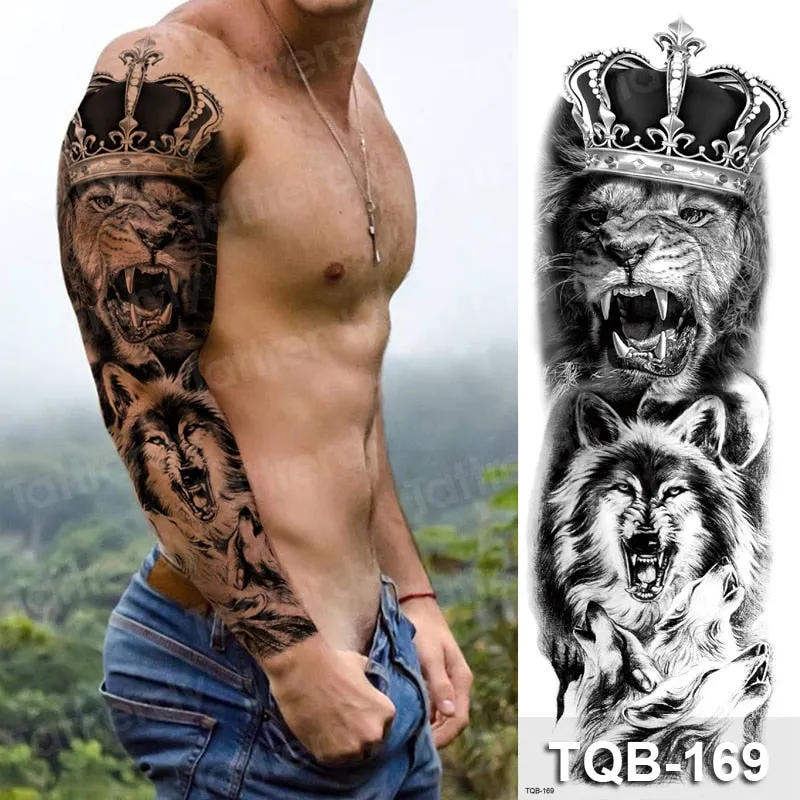 skull sleeve tattoo designs large full arm temporary tattoos for men boy tatoo fake waterproof tiger totem lion dragon pattern