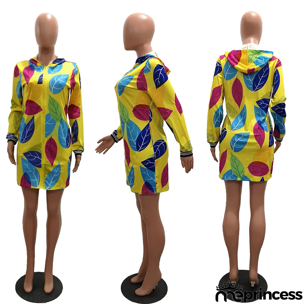 Leaves Print Hooded Long Sleeve Zipper Thin Coat