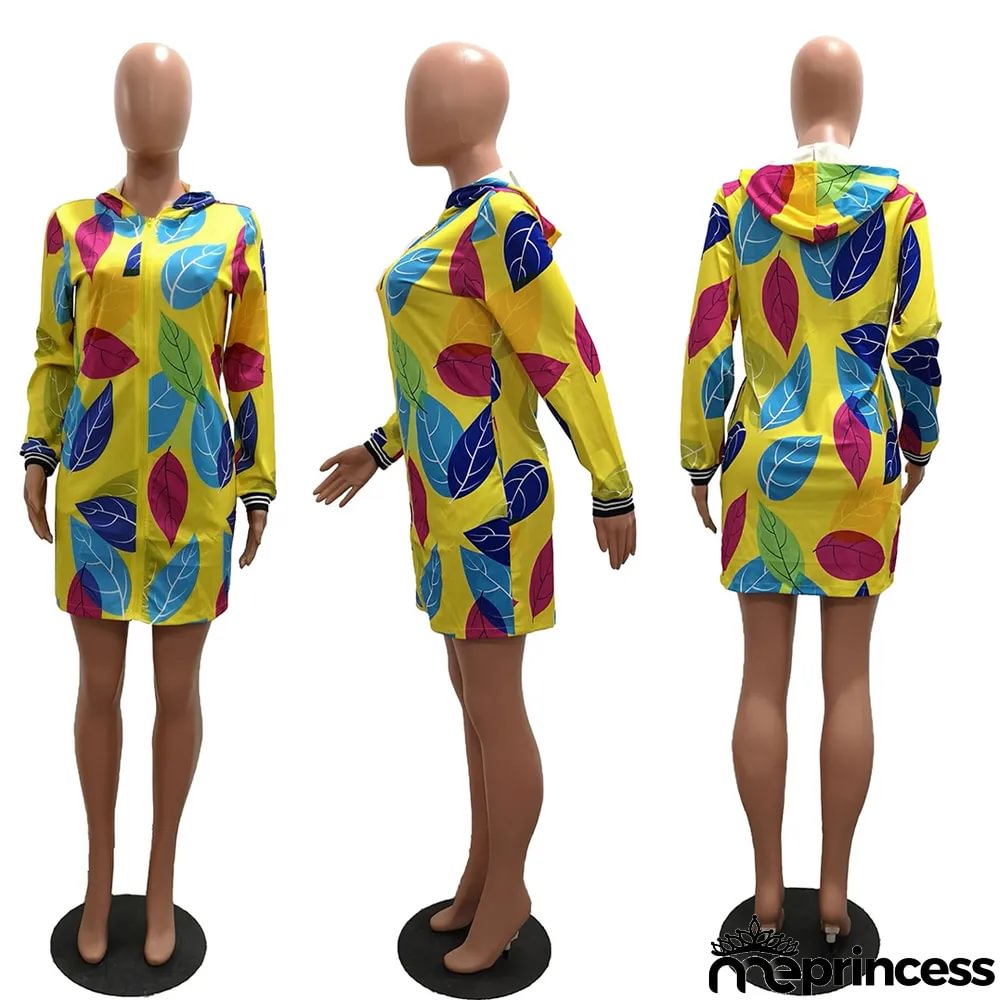 Leaves Print Hooded Long Sleeve Zipper Thin Coat