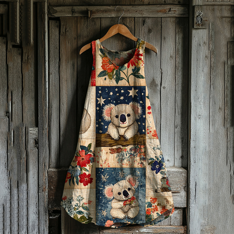 Vintage Loose  Australian Save Koala Protect Koala Cute Koala Patchwork Pattern Art Print Linen Tank Dress