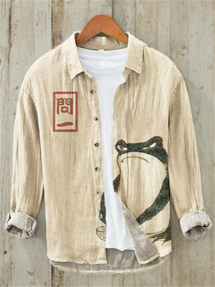 Japanese Art Angry Frog Print Linen Long Sleeve Shirt  artssus
