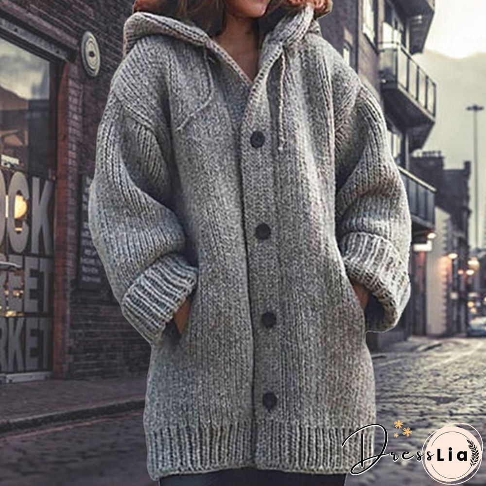 Women Fashion Mid-length Button Up Knitted Cardigan Jackets Ladies Casual Autumn and Winter Hooded Sweater Coats Strickjacke Damen