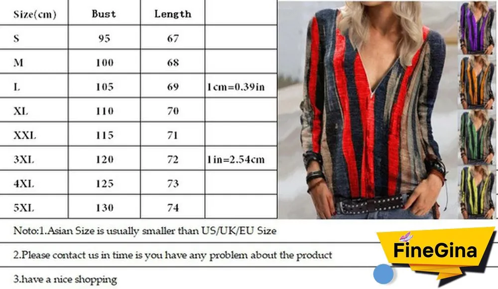 Women's Fashion Plus Size Loose Tops Stripes Printed Deep V-neck Blouse Long Sleeve T-shirt