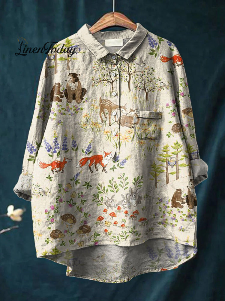 Women&rsquo;s Vintage Lovely Woodland Animals Art Print Casual Cotton And Linen Shirt / S