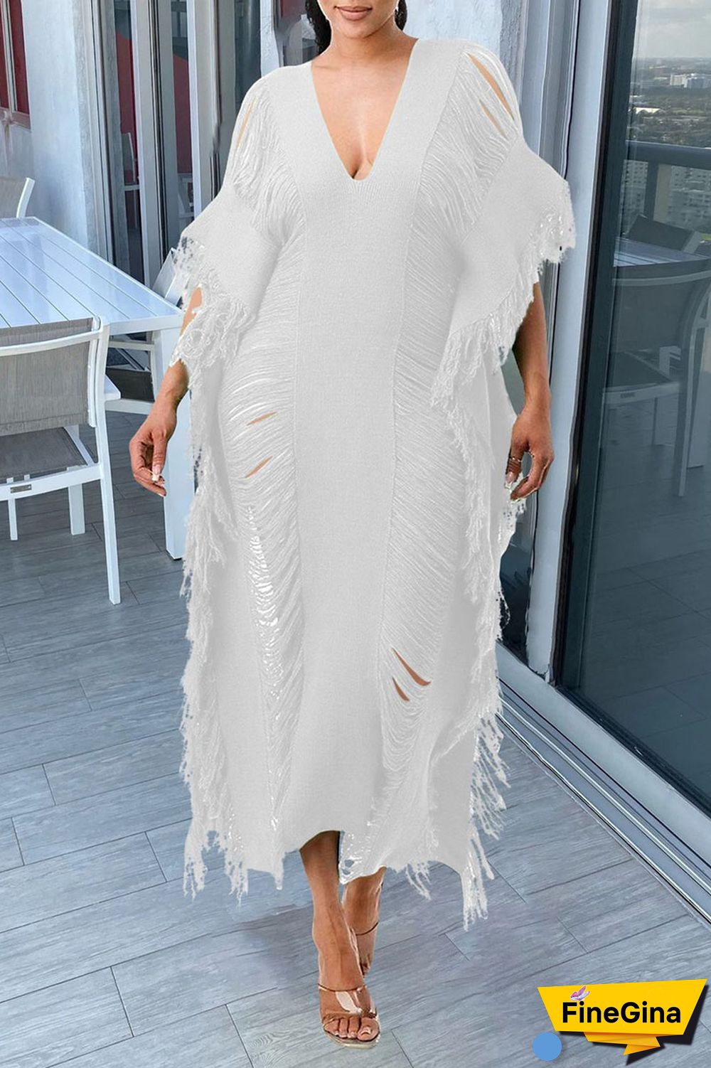 White Sexy Solid Tassel Hollowed Out Patchwork V Neck Beach Dress Two Pieces Set