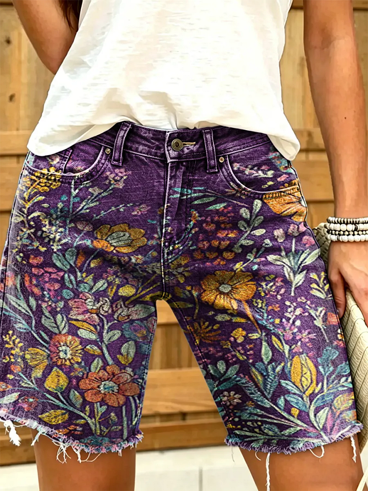 Women's Vintage Floral Print Denim Bermuda Shorts