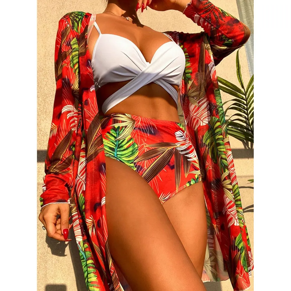 2022 Sexy Bikinis And Cover Set Women Swimsuit Printed Swimwear High Waist Summer Strappy Bathing Suit Beach Wear Biquini Female