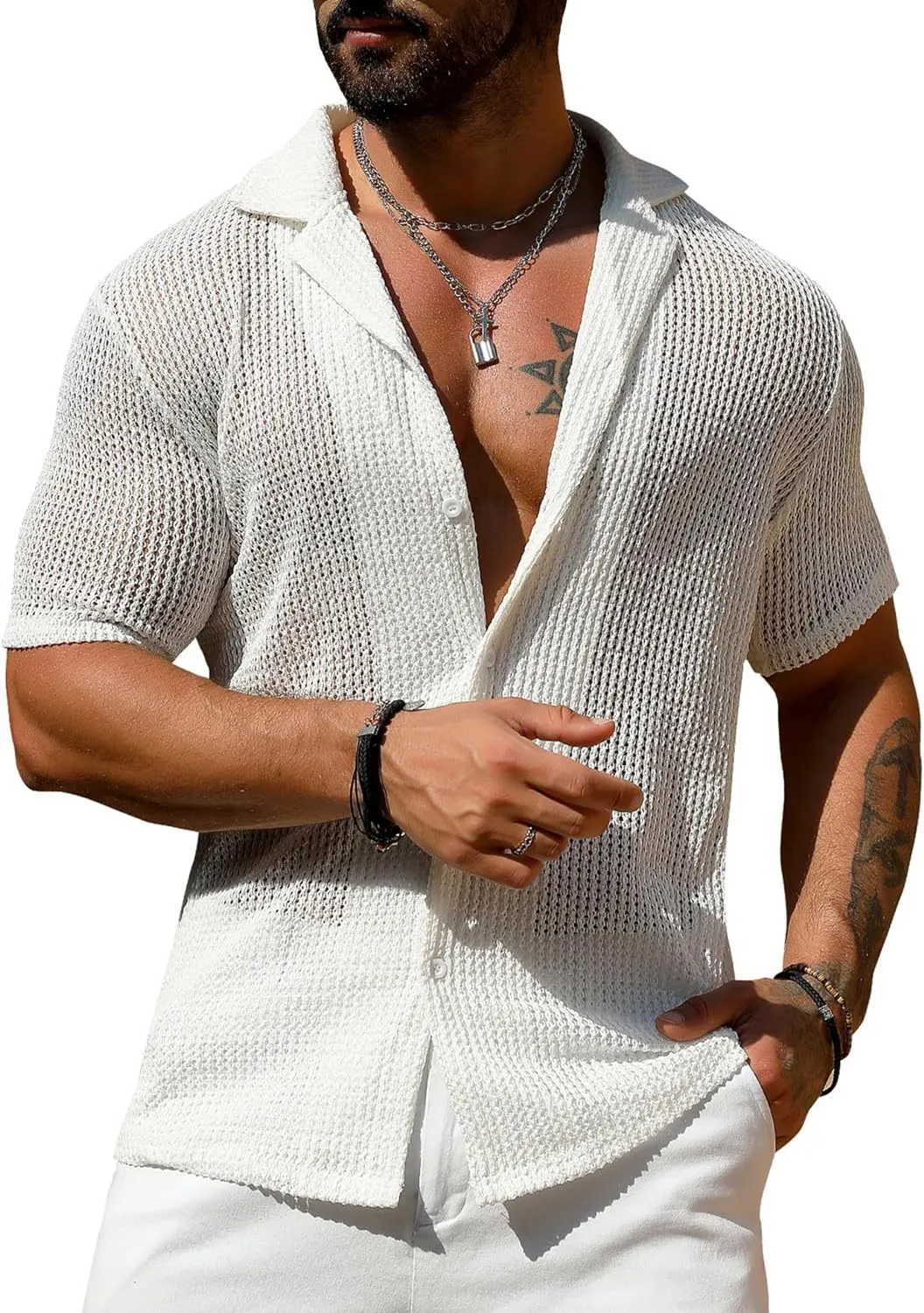 Brownm Brownm Men's Summer Cool Shirt Men's Casual Knit Hollow Out Breathable Short Sleeved Lapel Fashion Men's Wear