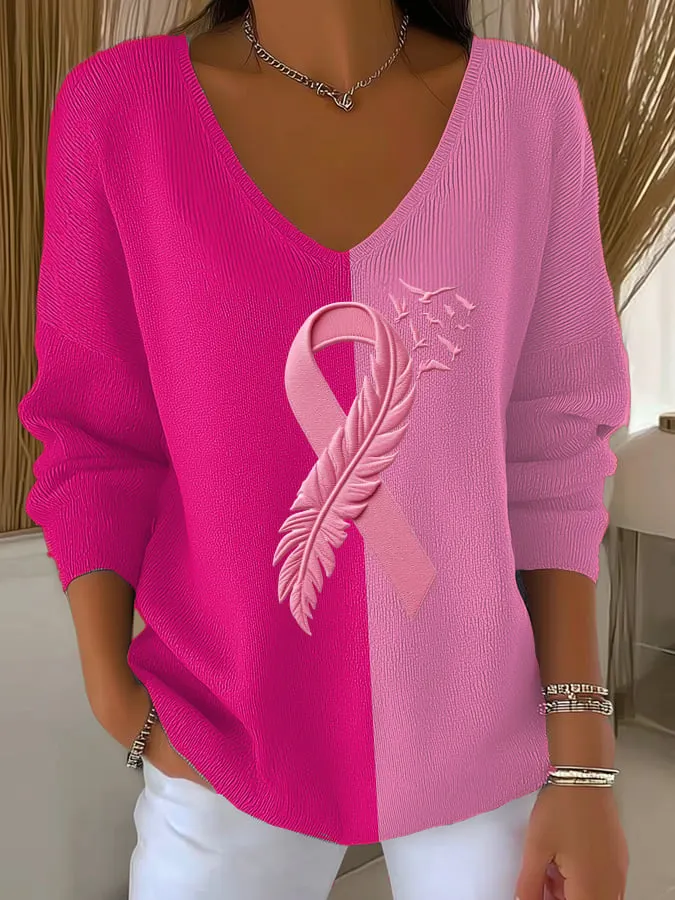 Women's Casual Pink Ribbon Textured Long-Sleeved T-Shirt 