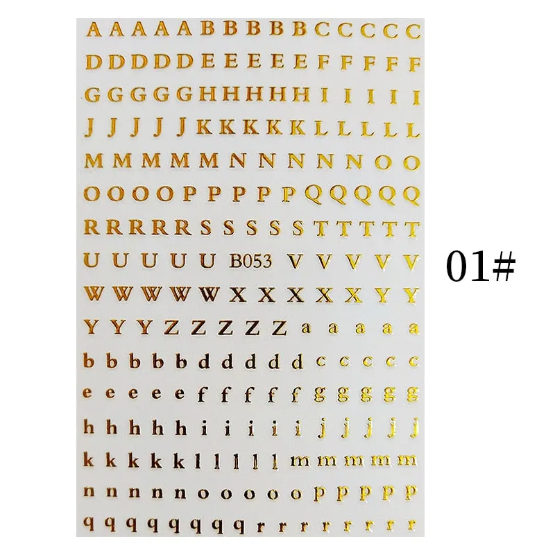English Letter Design 3D Nail Stickers Iridescent Geometrics Gold Stars Moon Transfer Nail Art Sliders Decoration Accessories