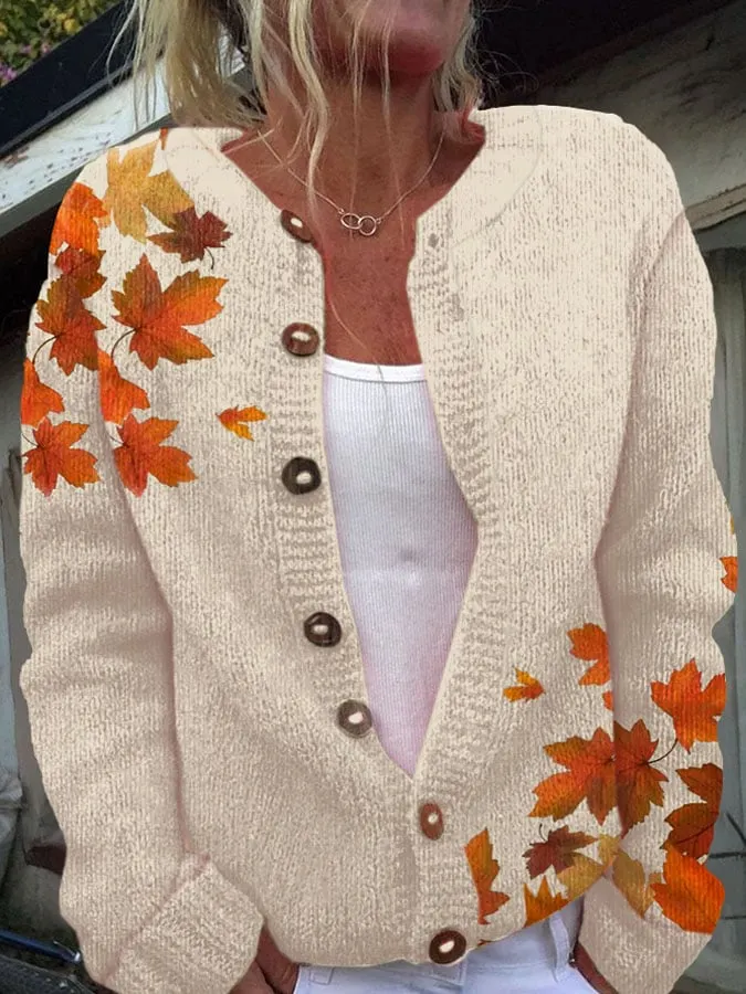Women's Thanksgiving Pumpkin Maple Leaf Knit Cardigan 