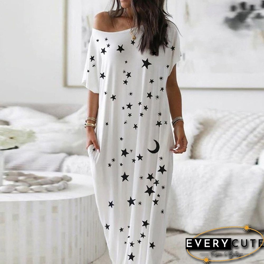 Plus Size Xs-5Xl Women Loose Casual Short Sleeve Moon Stars Print Maxi Dress Home Clothes Soft Long Dresses Homeware Vestidos Casuales