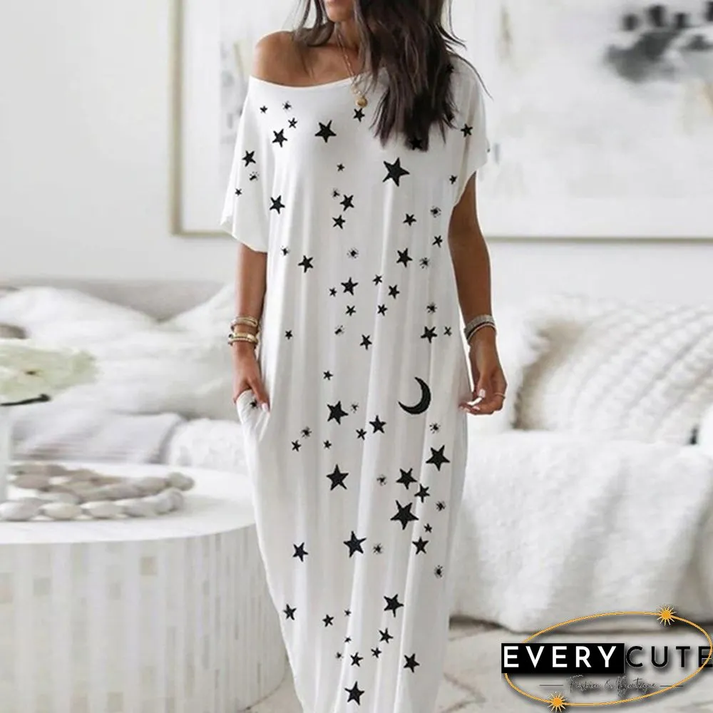 Plus Size Xs-5Xl Women Loose Casual Short Sleeve Moon Stars Print Maxi Dress Home Clothes Soft Long Dresses Homeware Vestidos Casuales