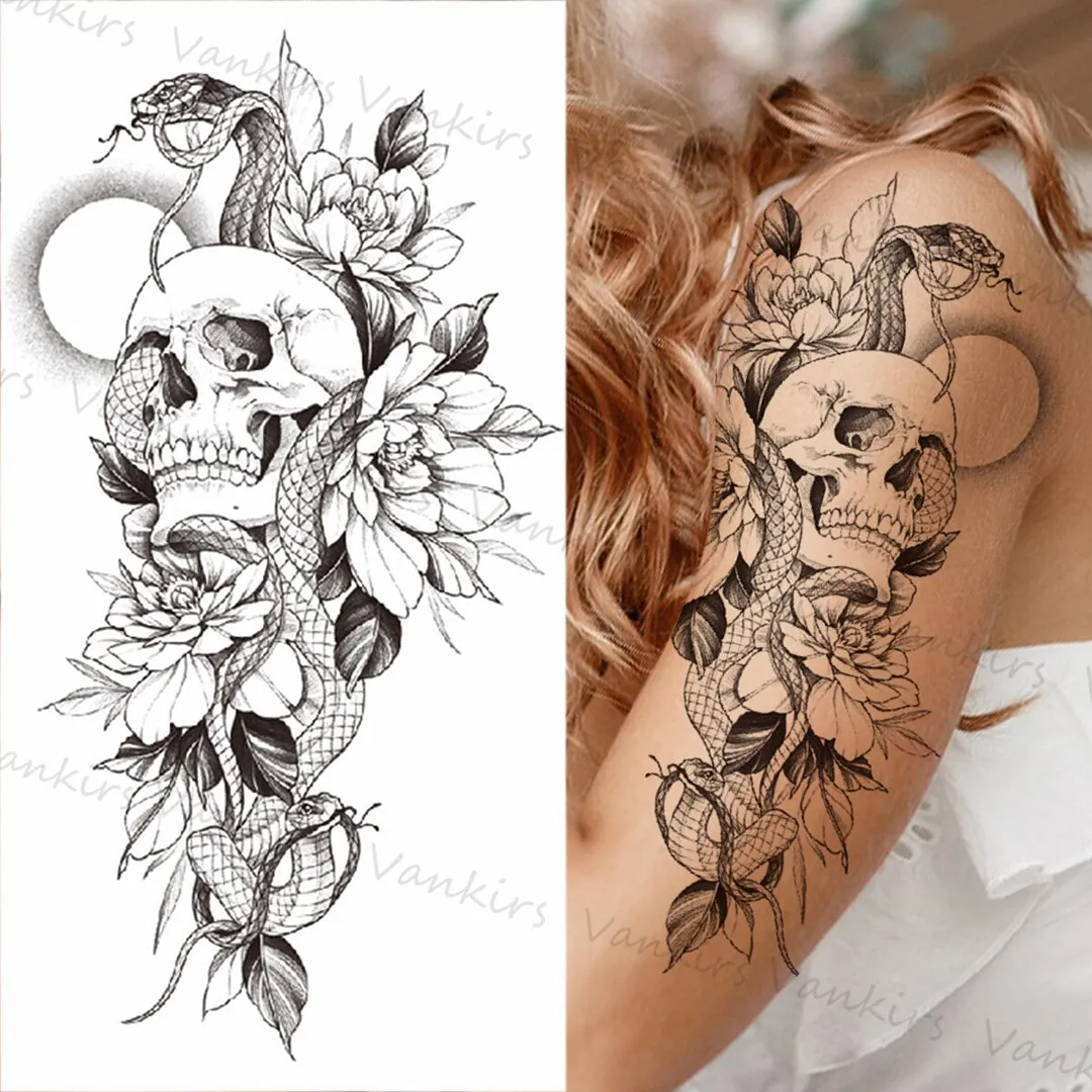 Sdrawing Skeleton Snake Flower Temporary Tattoos For Women Girls Realistic Snake Wolf Tribal Fake Tattoo Sticker Arm Waist Tatoo 3D
