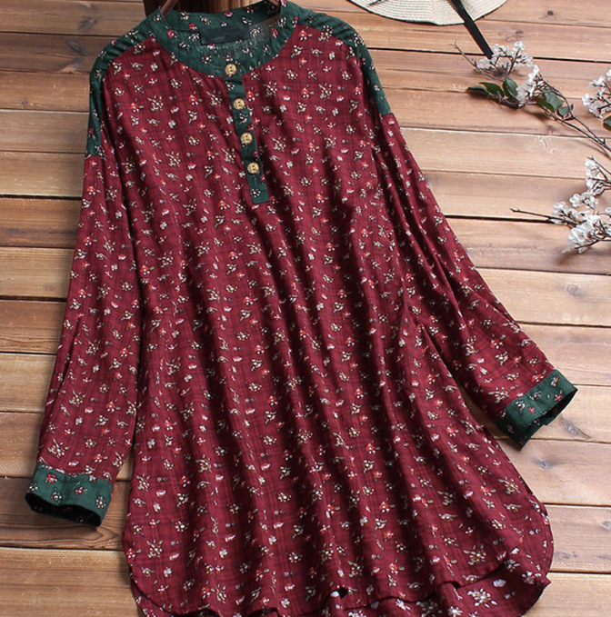 Plus Size Shirt Cotton and Linen Printed Stand Collar Shirt Loose Oversized Long Sleeves Top