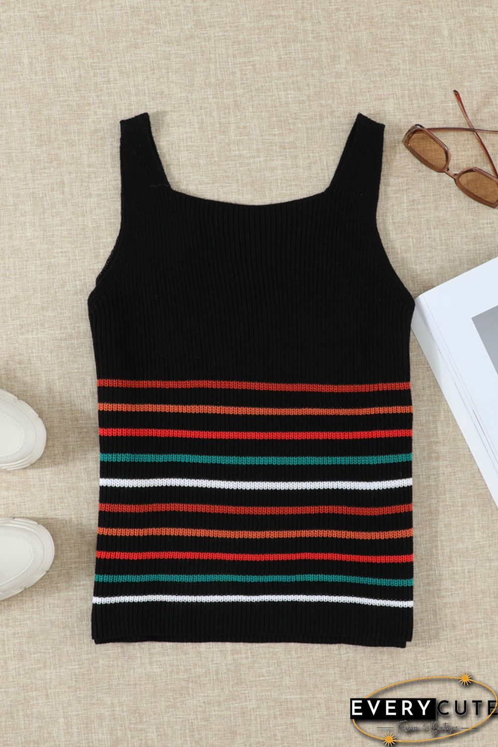 Multicolor Stripes Black Knit Tank Top