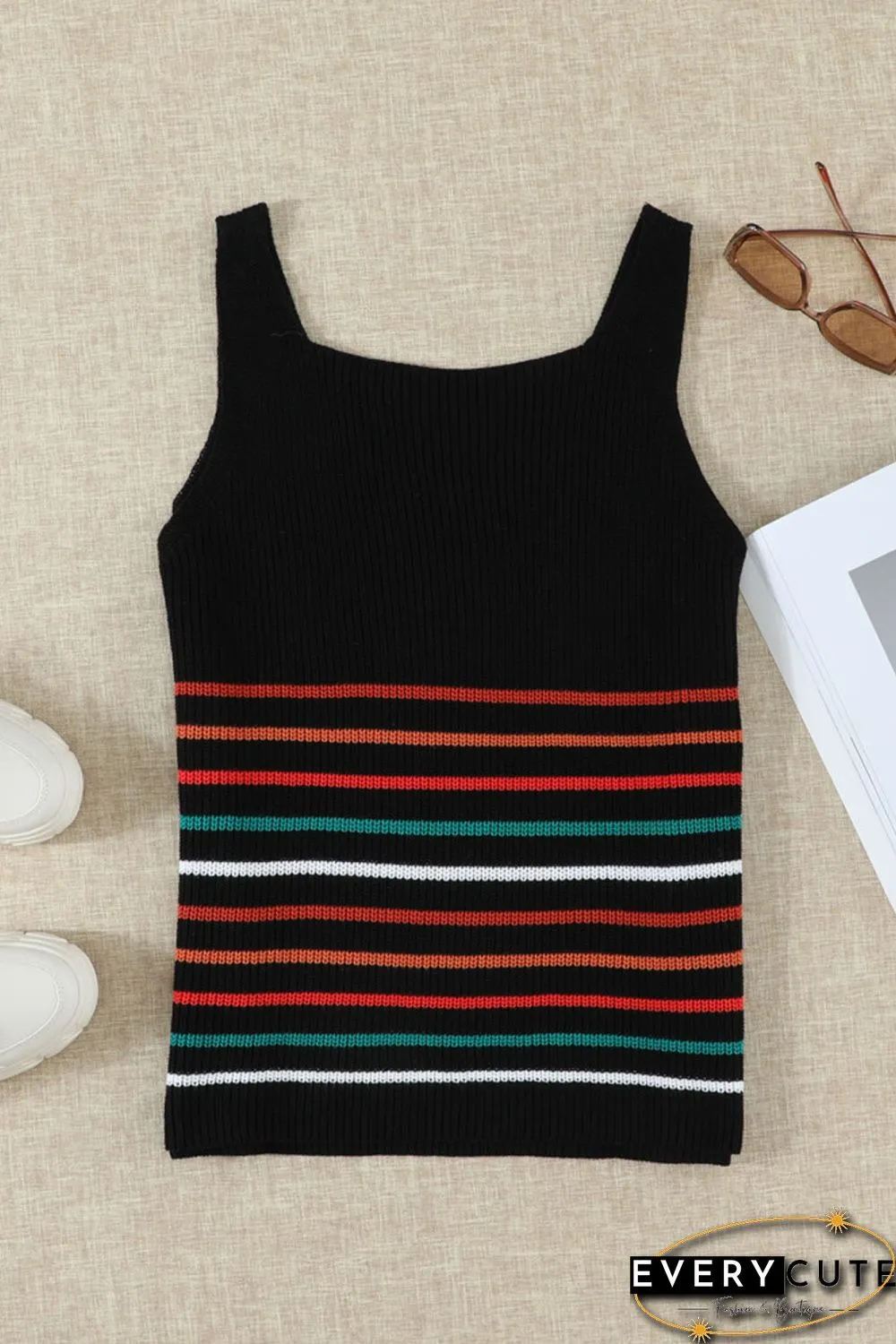 Multicolor Stripes Black Knit Tank Top