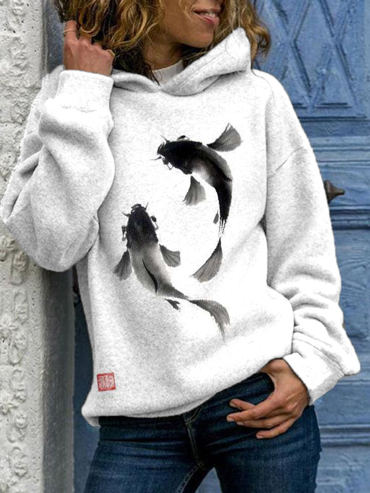 Japanese Art Ink Painting Koi Print Hoodie