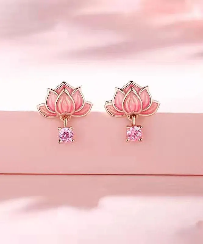 DIY Pink Sterling Silver Overgild Inlaid Zircon Enamerl Stud Earrings