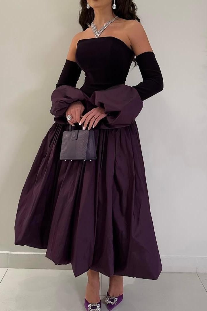 Lussooy Glamorous Regency A Line Satin long Sleeves Strapless Prom Dress with Pleated  