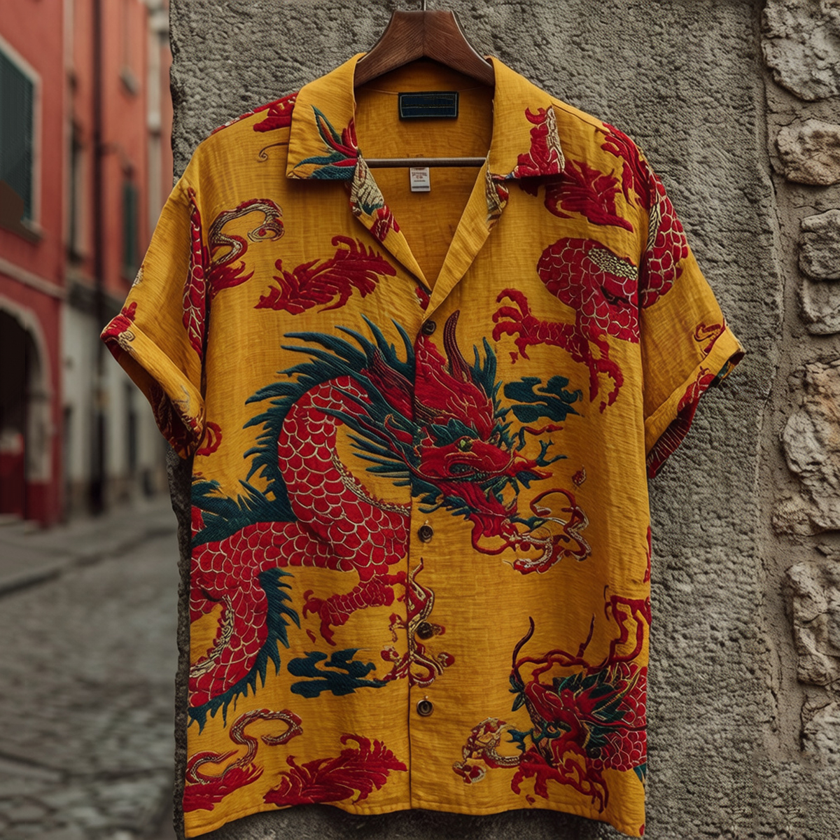 Women's Japanese Dragon Art Pattern Short Sleeve Linen Blend Shirt elevenforest