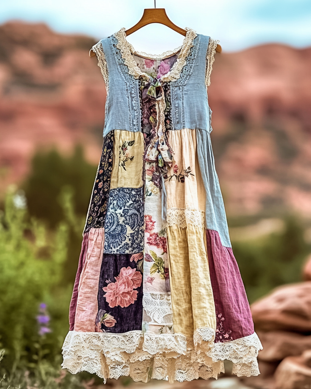 Vintage Floral Lace Patchwork Dress 7e80